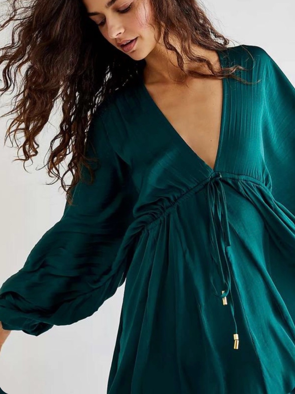 🆕🌲Free People Emerald Boho Mini Dress Tie Front Flowy Tunic Festival Resort XS - Picture 4 of 16